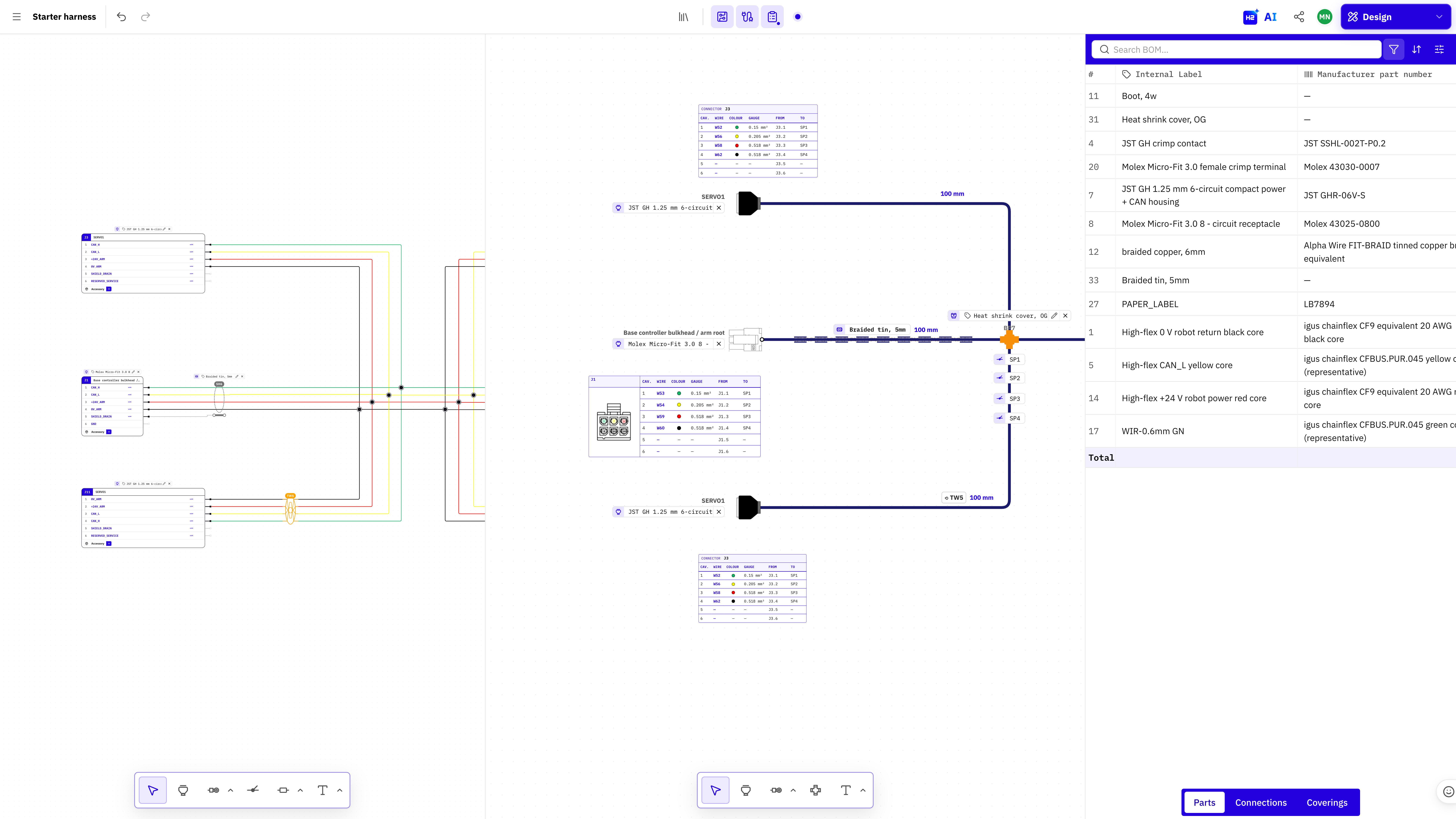 HarnessHive editor showing a schematic, the linked harness layout and the parts bill of materials side by side.